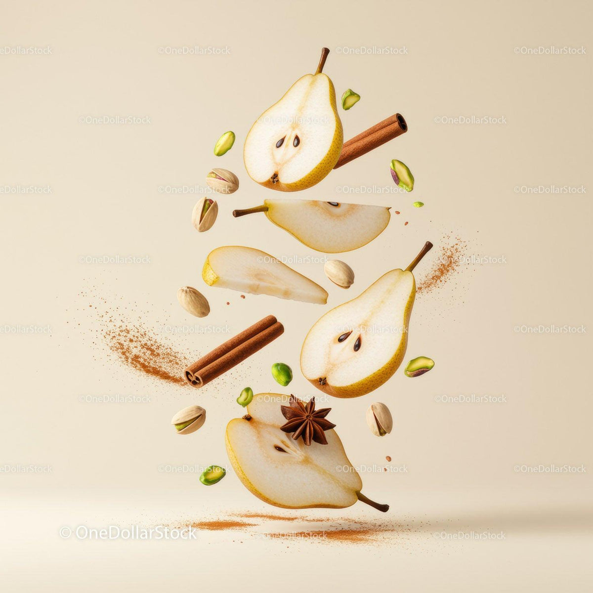 Sliced Pears with Spices and Pistachios Floating on Beige