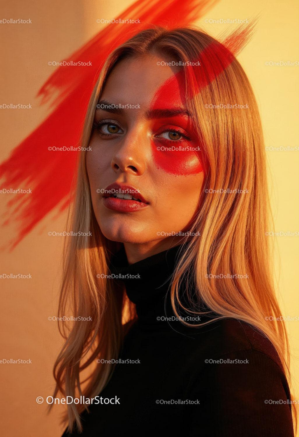 Creative Artistic Makeup Portrait with Red Face Paint and Blonde Hair Stock Photo Bundle preview 7