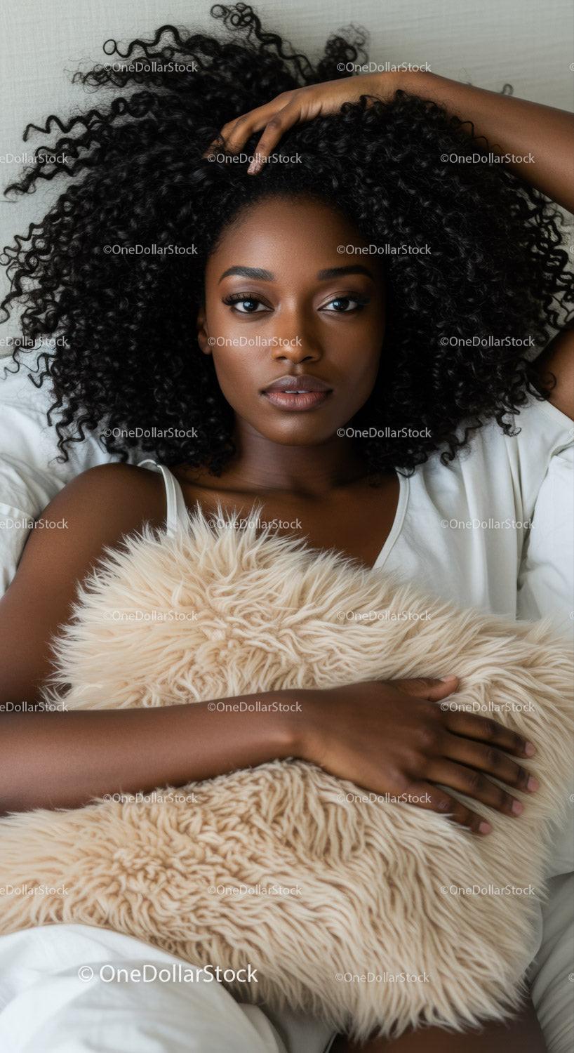 Relaxed young woman lying in bed with cozy pillow