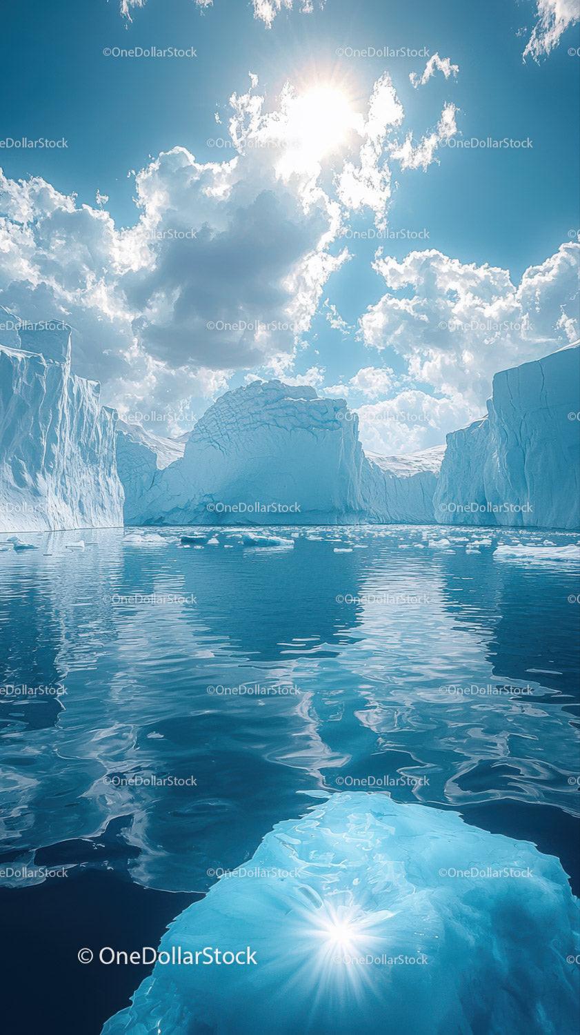 Majestic Blue Iceberg Reflecting in Calm Polar Waters Under Bright Sun Stock Photo Bundle preview 11
