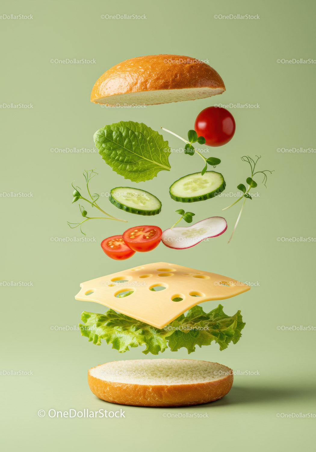 Fresh vegetable sandwich ingredients floating on green background