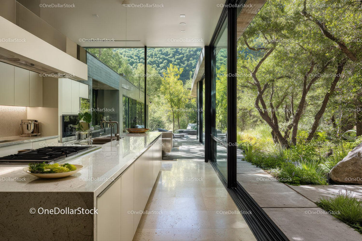 Modern Kitchen with Floor-to-Ceiling Glass Walls Overlooking Green Forest