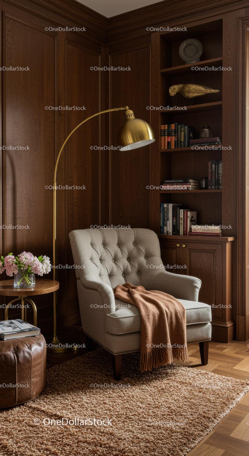 Cozy reading nook with armchair and wooden shelves