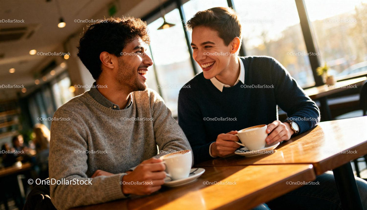 Couple Enjoying Coffee and Laughter in Cozy Cafe