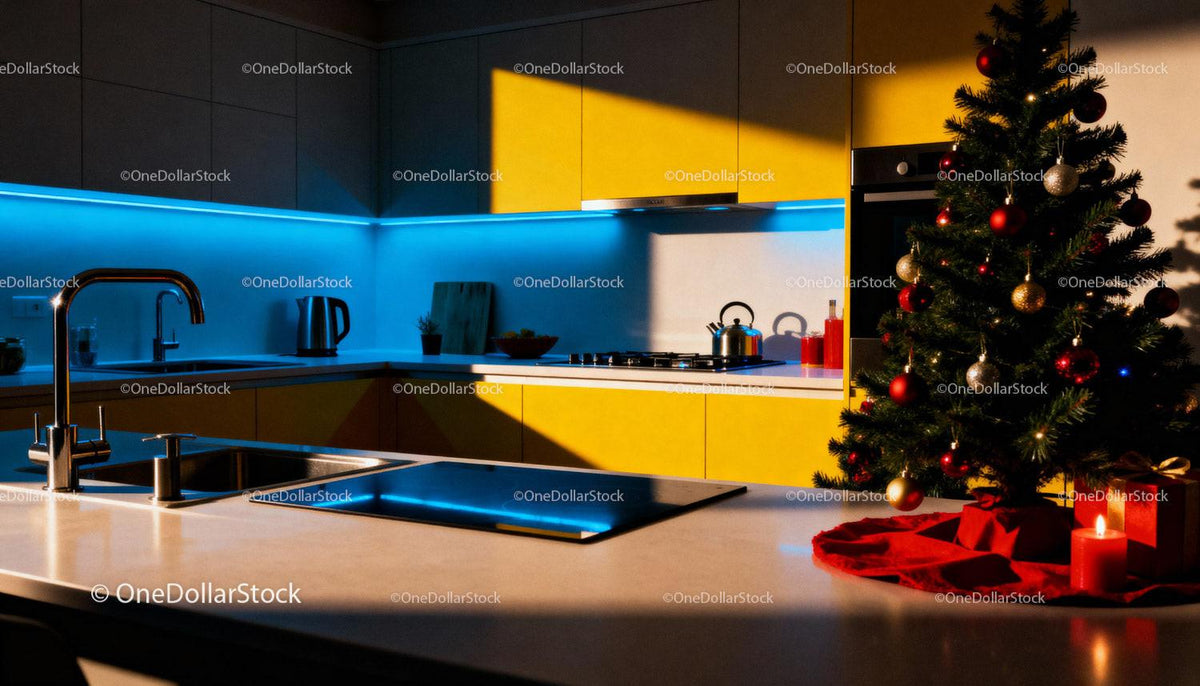 Modern kitchen with cozy Christmas tree and warm light