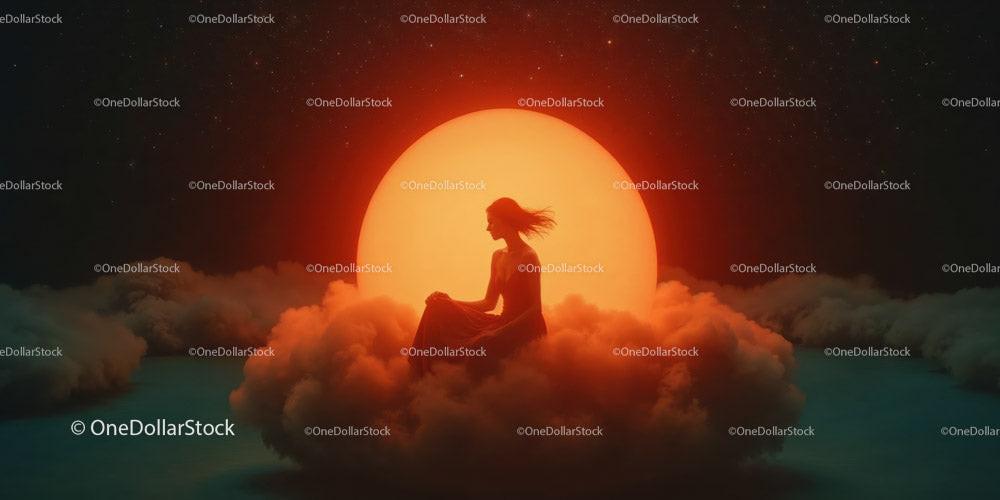 Silhouette of person meditating on glowing clouds with large sun and starry sky