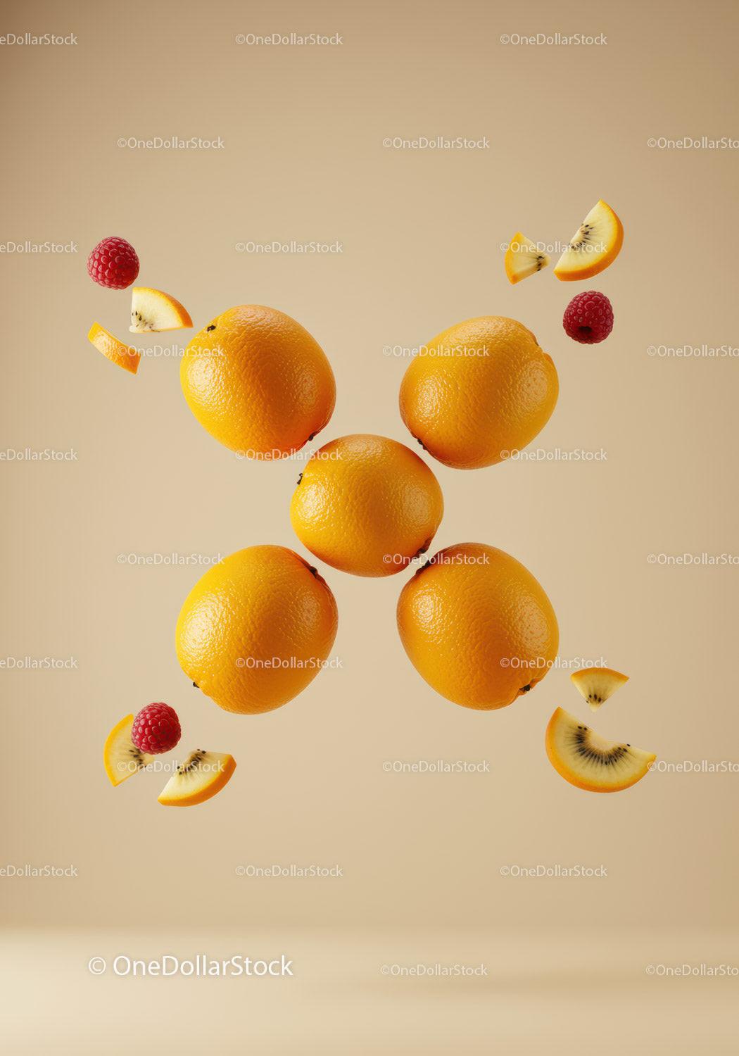 Floating Oranges with Kiwi Slices and Raspberries