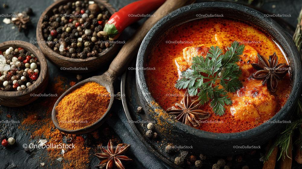 Spicy Asian Beef Stew with Rice and Fresh Herbs in a Black Stone Bowl Stock Photo Bundle preview 19