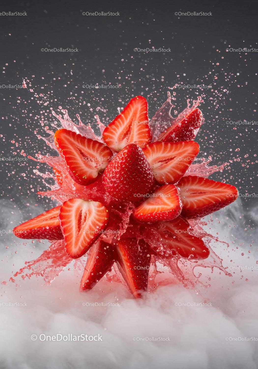 Fresh sliced strawberries exploding in splash of juice