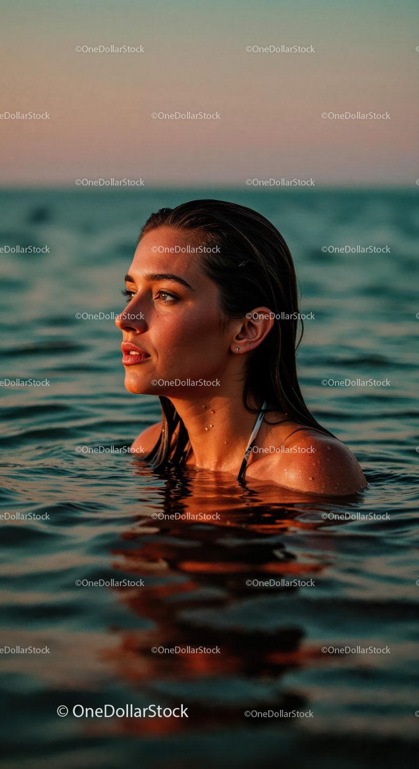 Woman Relaxing in the Ocean at Sunset with Warm Lighting Stock Photo Bundle preview 5