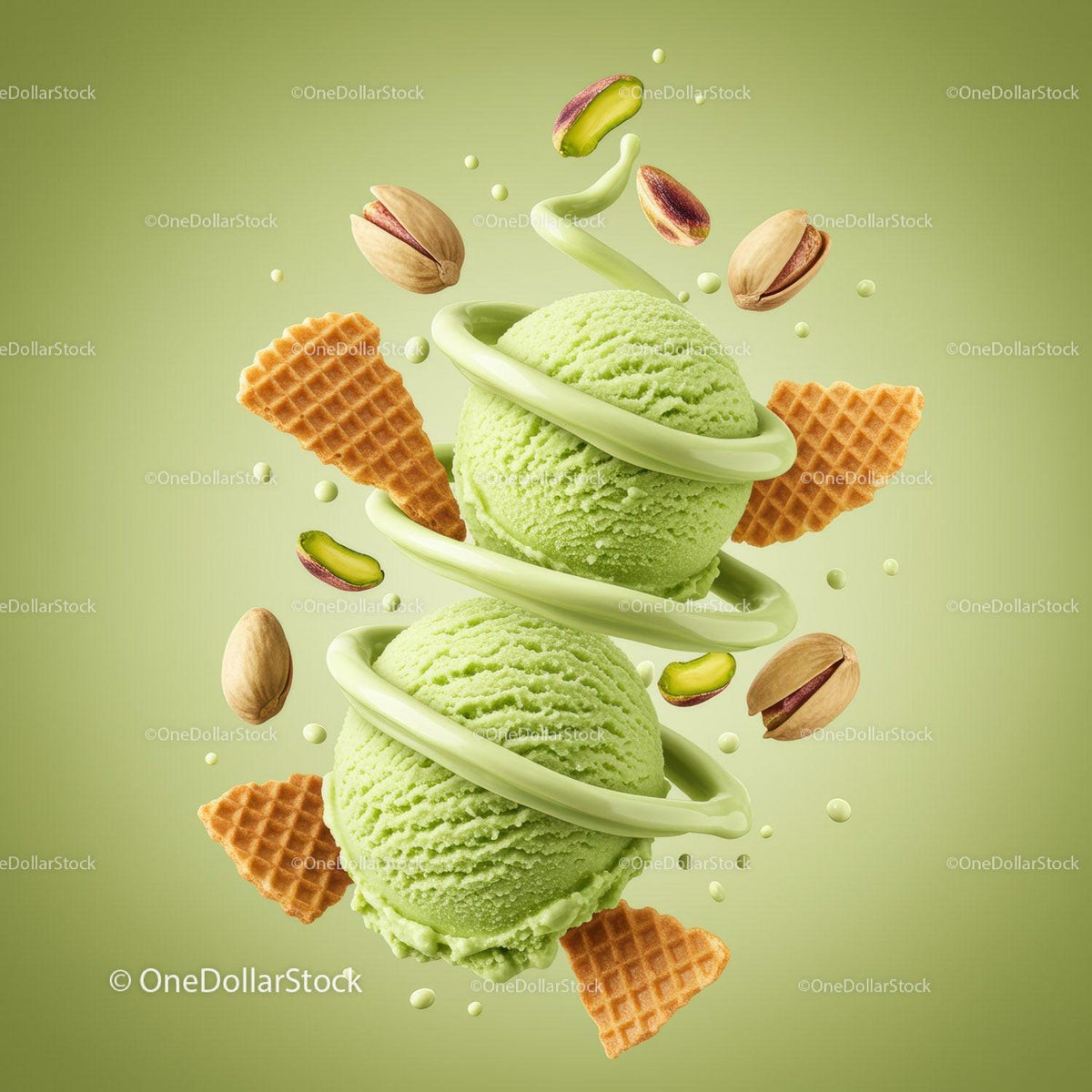 Two scoops of pistachio ice cream with wafers and nuts