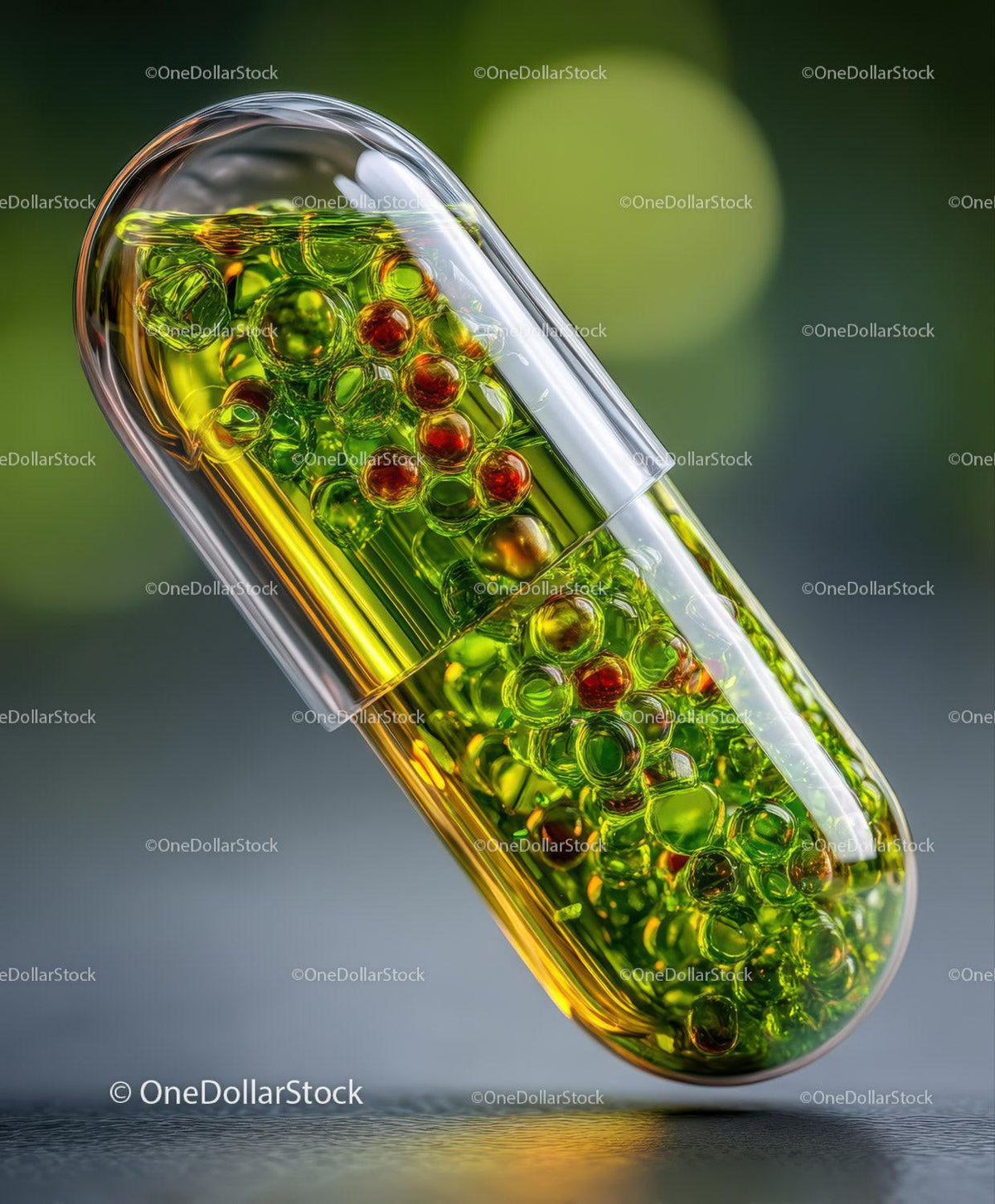 Transparent capsule with yellow liquid and red and green spheres inside on a blurred green background