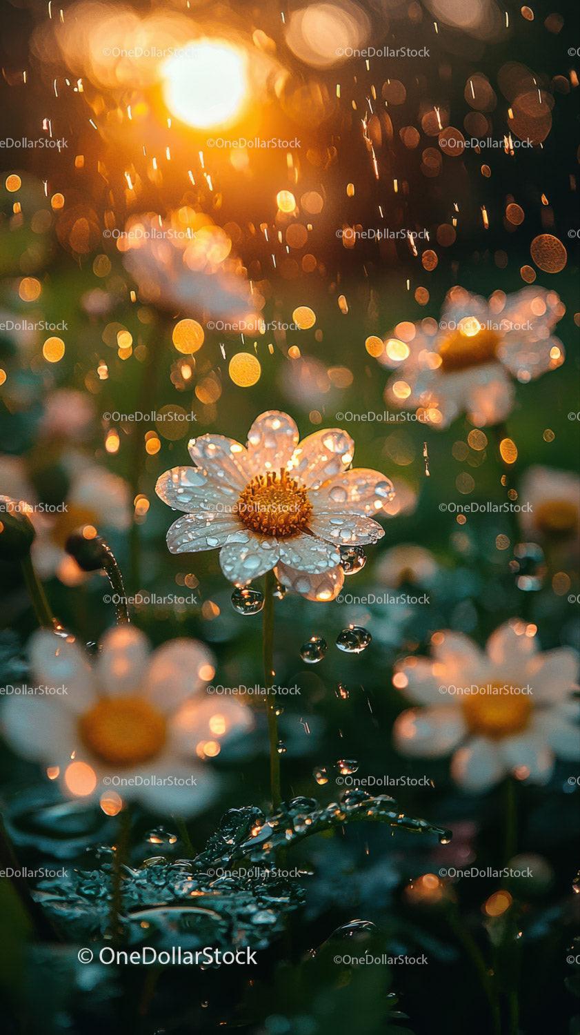 Close-up of Water-Dewed Daisy with Bokeh Light Effects