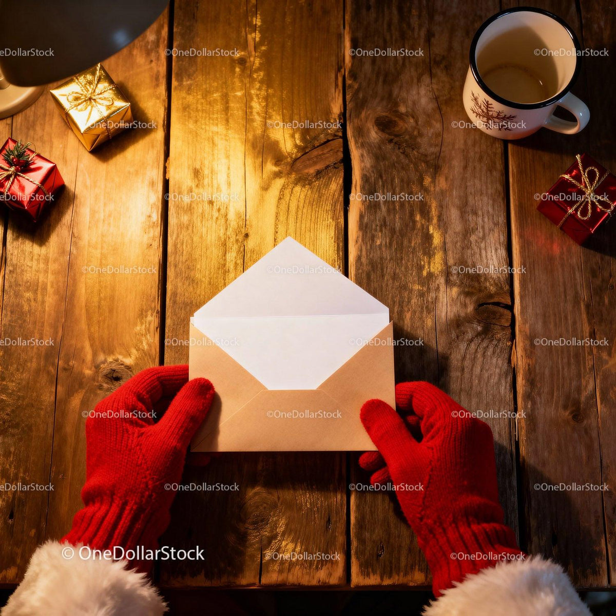 Hands in Red Gloves Holding Letter on Wooden Table JPG Mockup Image preview