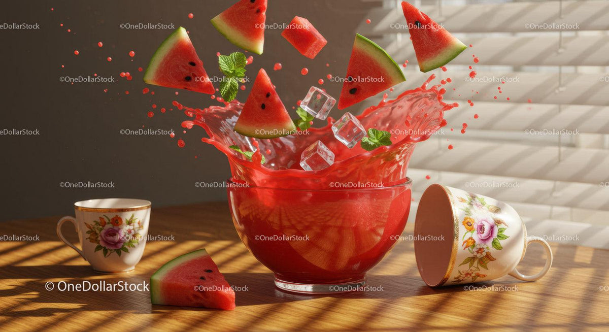Watermelon slices splashing in refreshing summer punch
