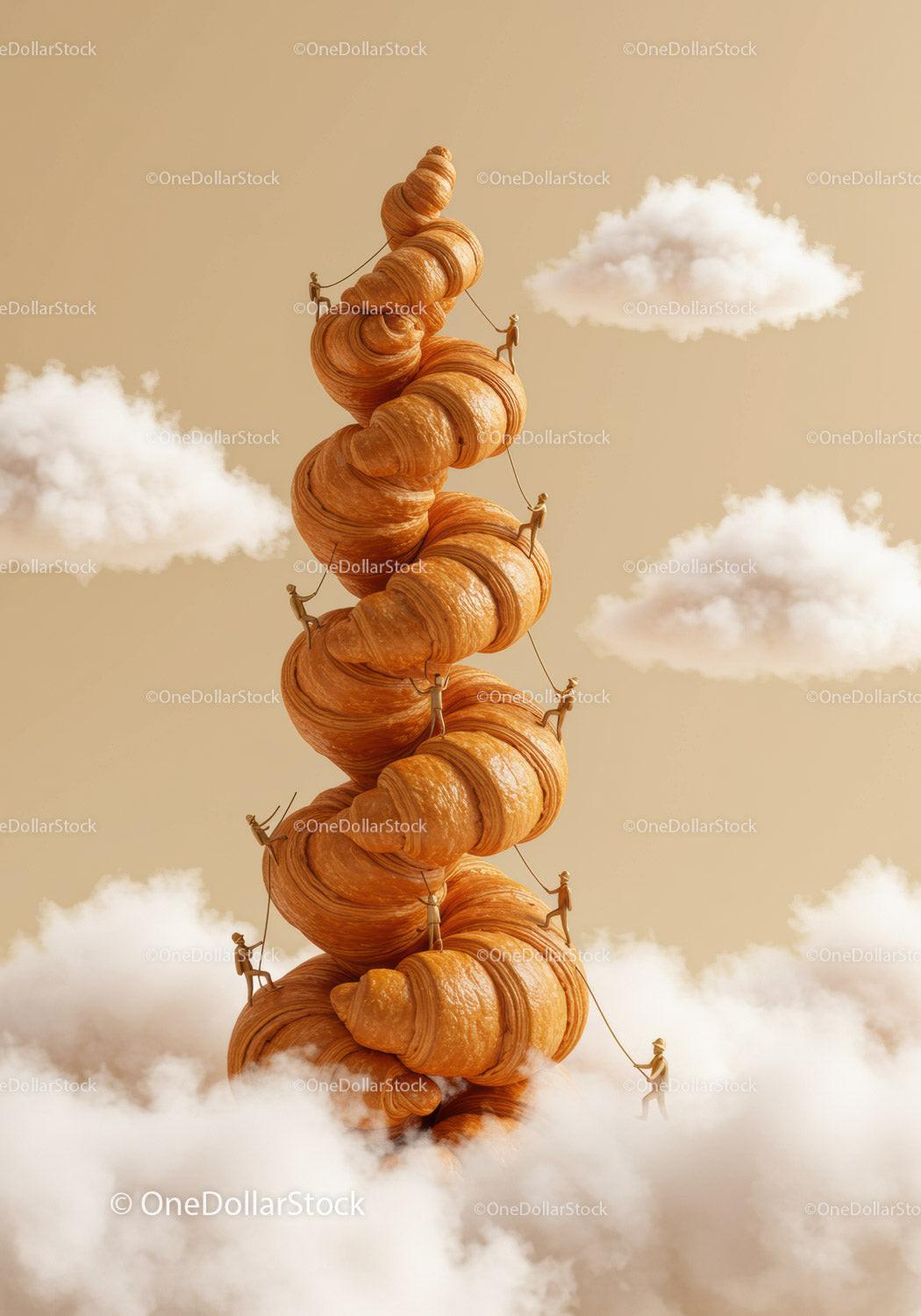 Miniature climbers scaling giant croissant tower in clouds