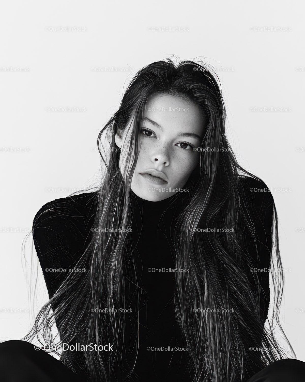 Black and White Portrait of a Young Woman with Long Hair