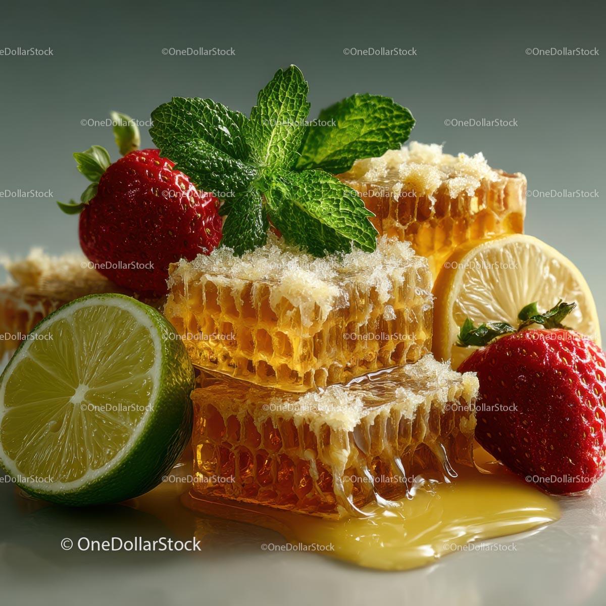 Fresh Honeycomb with Strawberries and Lime Garnish Stock Photo Bundle preview 5