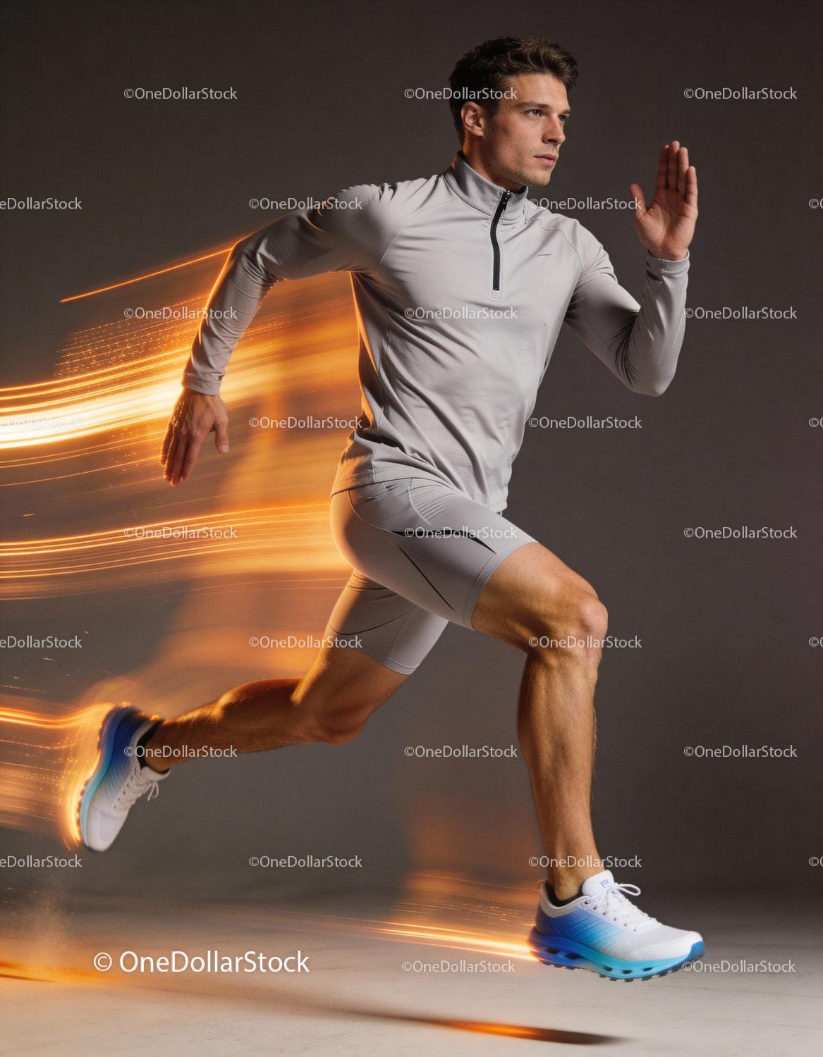 Athlete sprinting with dynamic light trails in studio