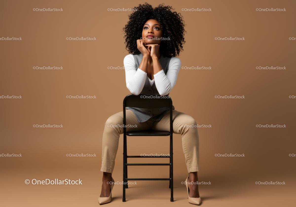 Thoughtful Woman Seated in Elegant Attire Against Brown Background Stock Photo Bundle preview 8