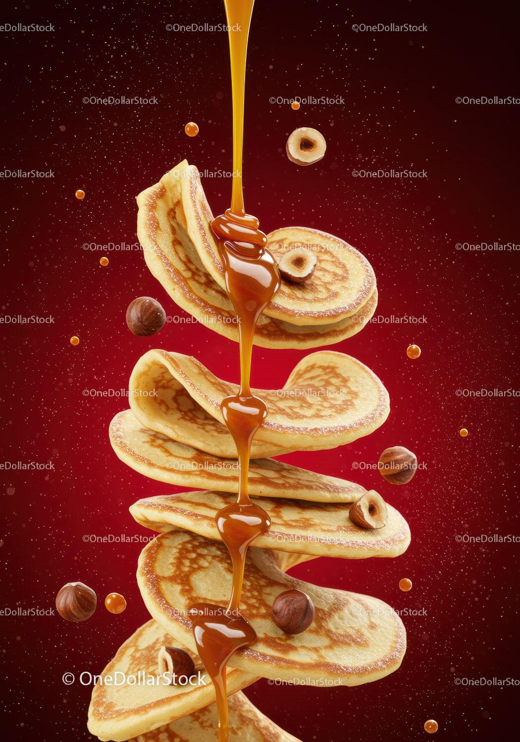 Stack of pancakes with caramel and hazelnuts drizzle