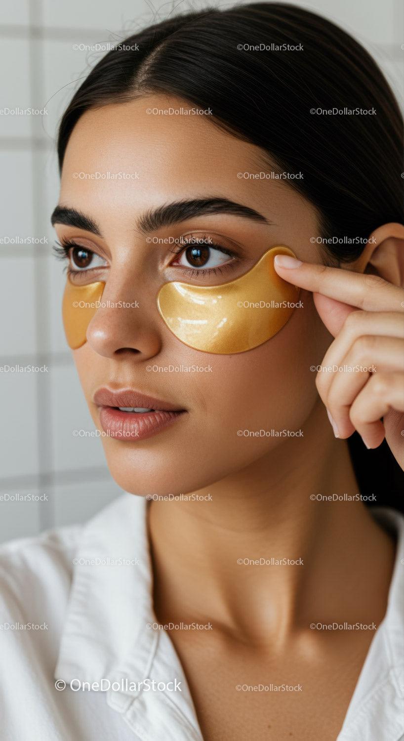 Woman Applying Under-Eye Gel Patches for Skincare Treatment