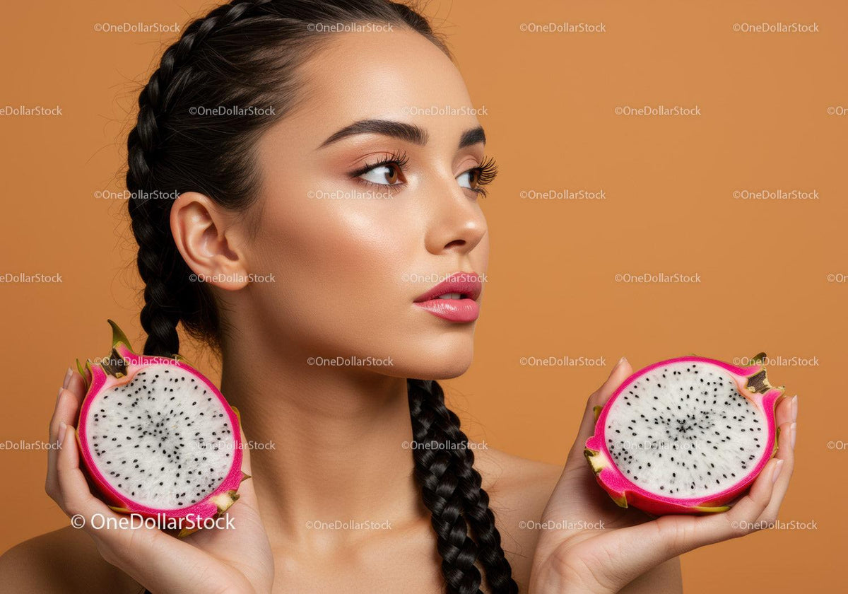 Portrait of Beautiful Woman Holding Fresh Pink Dragon Fruit