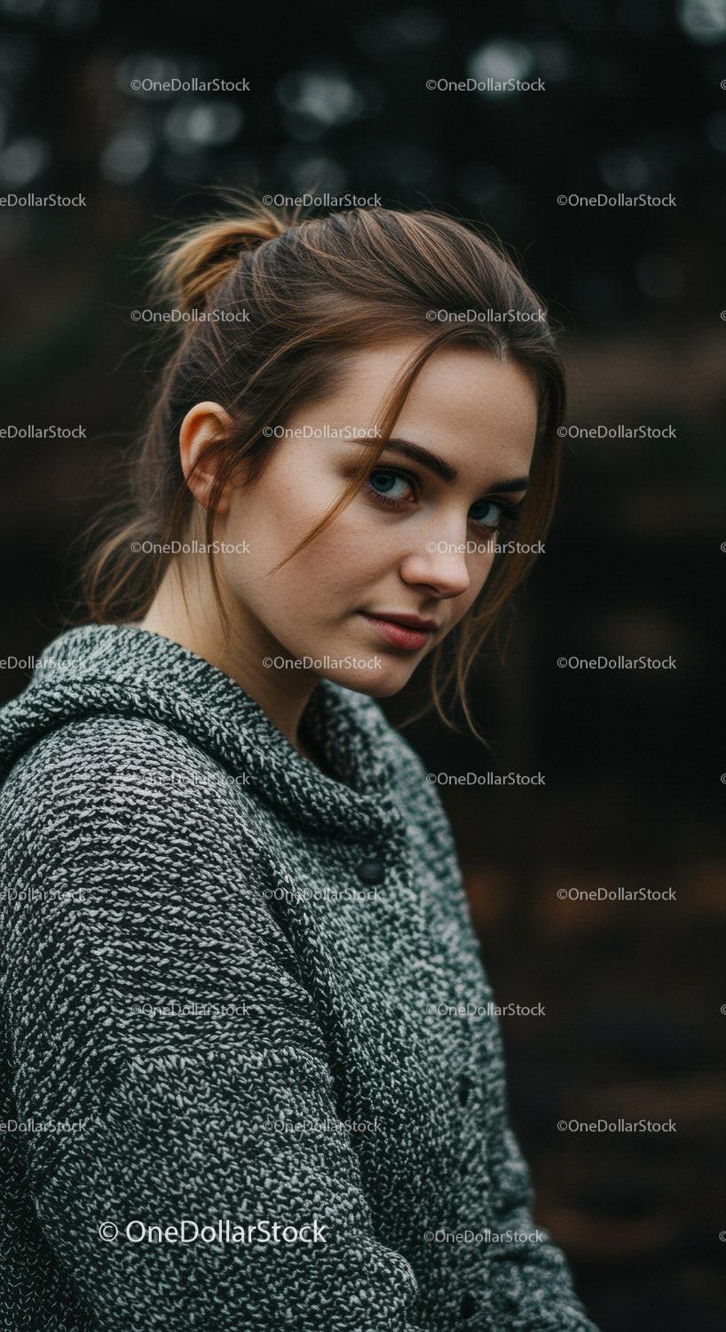 Young woman with contemplative expression in knit sweater