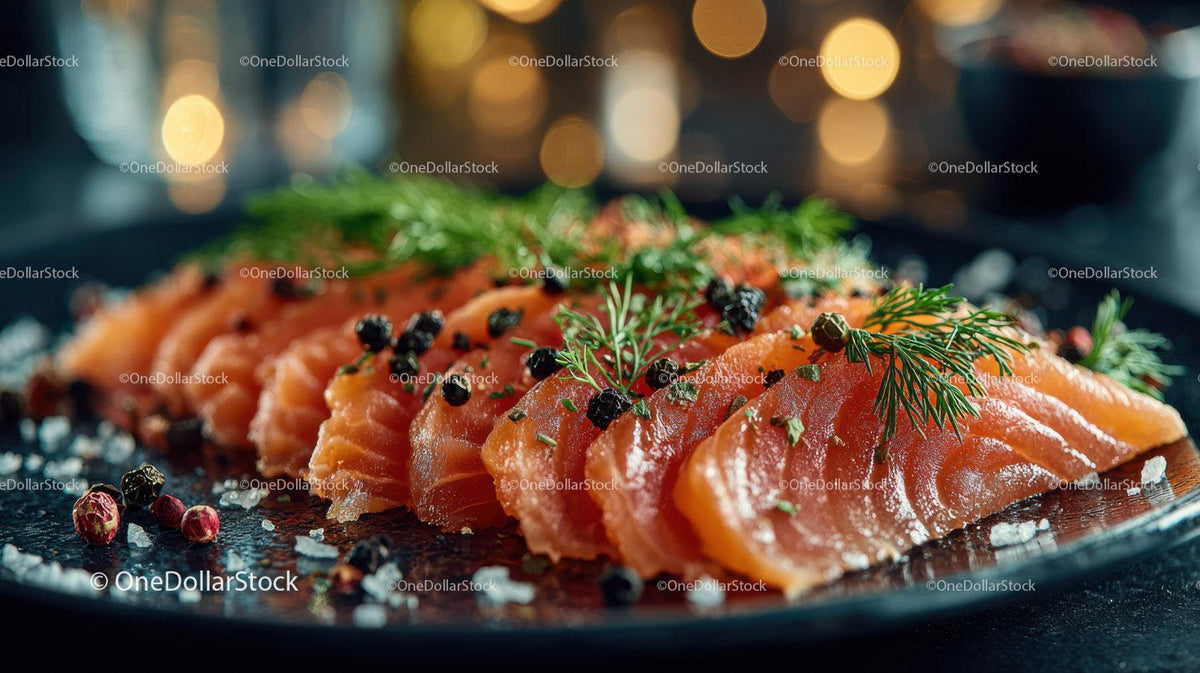 Fresh Sliced Smoked Salmon with Herbs and Sea Salt on Black Plate Stock Photo Bundle preview 34