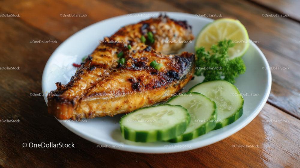 stock photo bundle made with Grilled Fish with Cucumber Slices on Rustic Wooden Table Stock Photo Bundle
