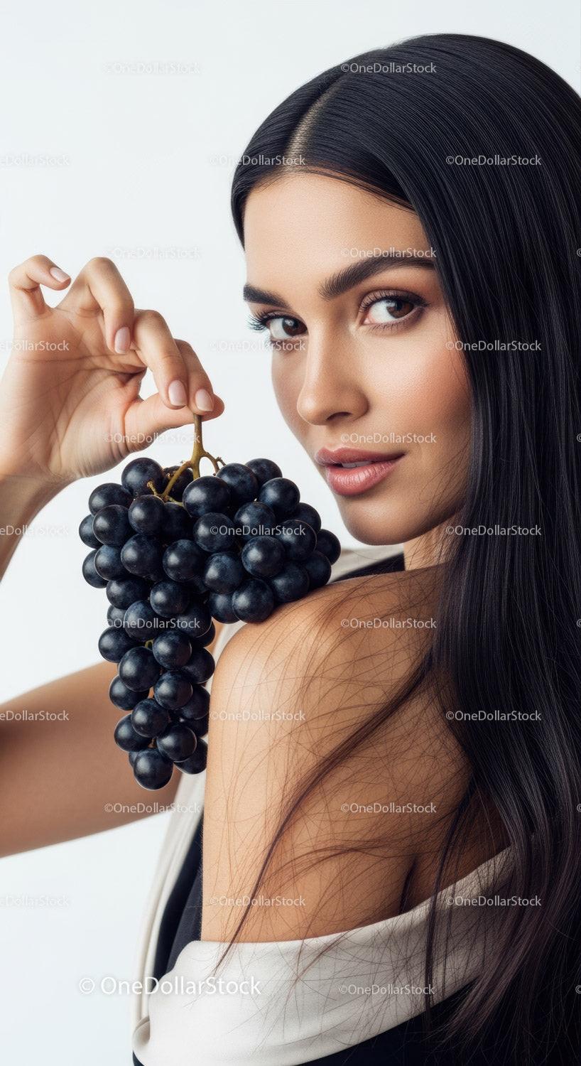 Striking Portrait of a Woman with Long Dark Hair Holding Black Grapes