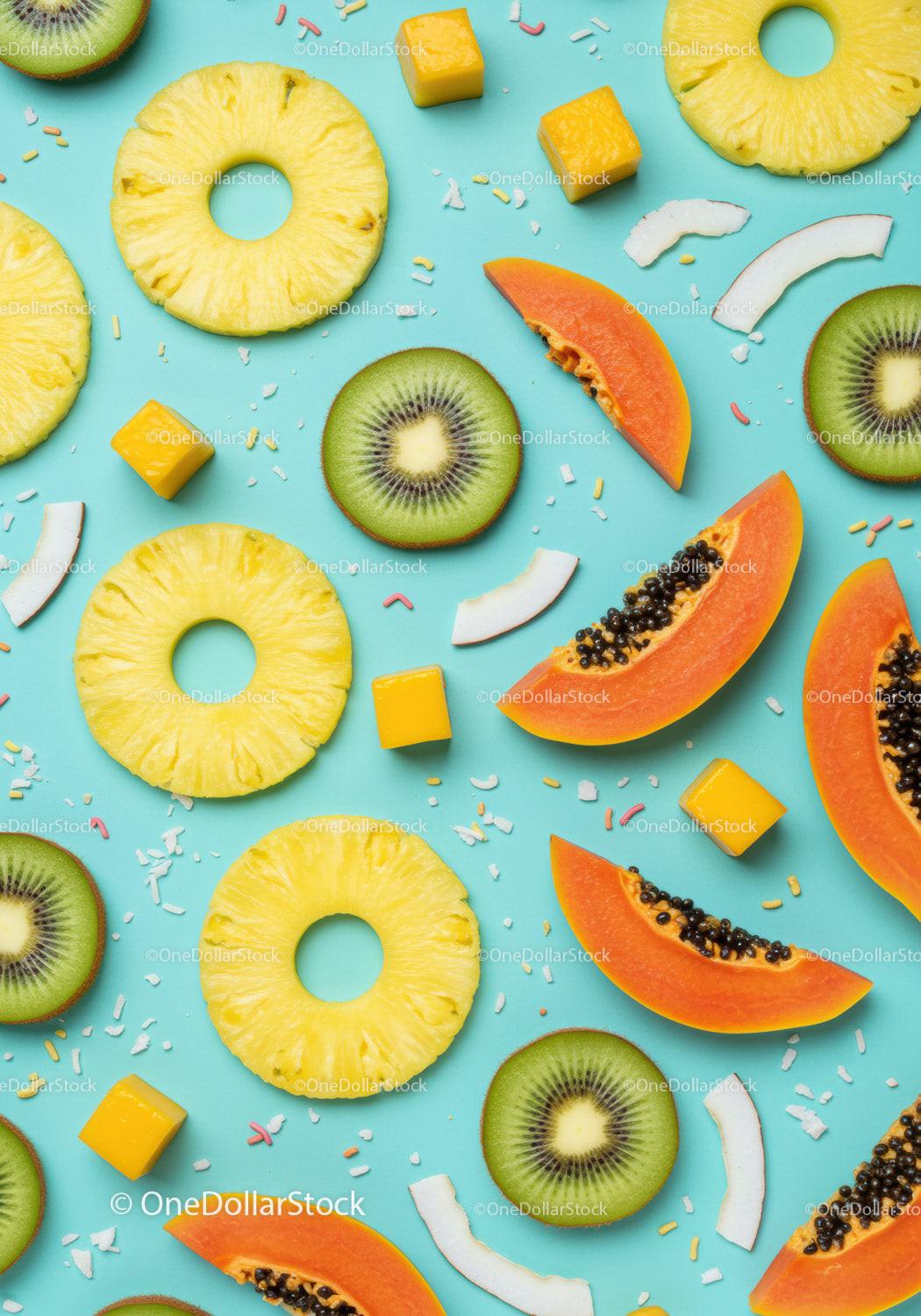 Colorful tropical fruit slices on blue background