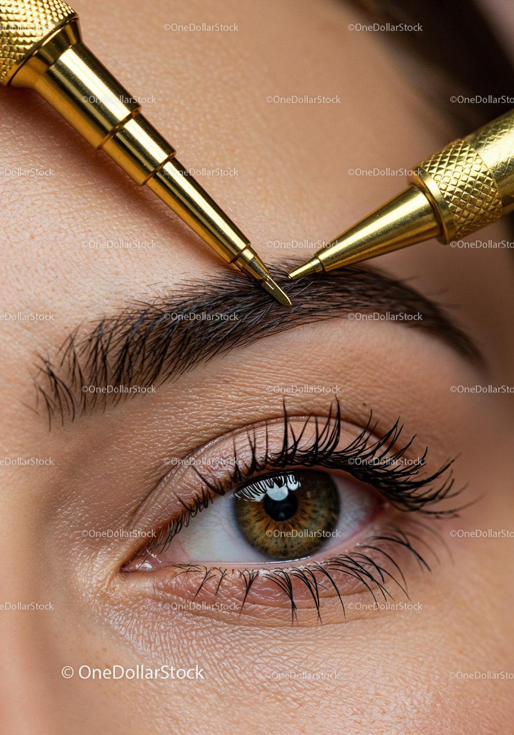 Close-Up of Eyebrow Microblading Procedure with Gold Needles