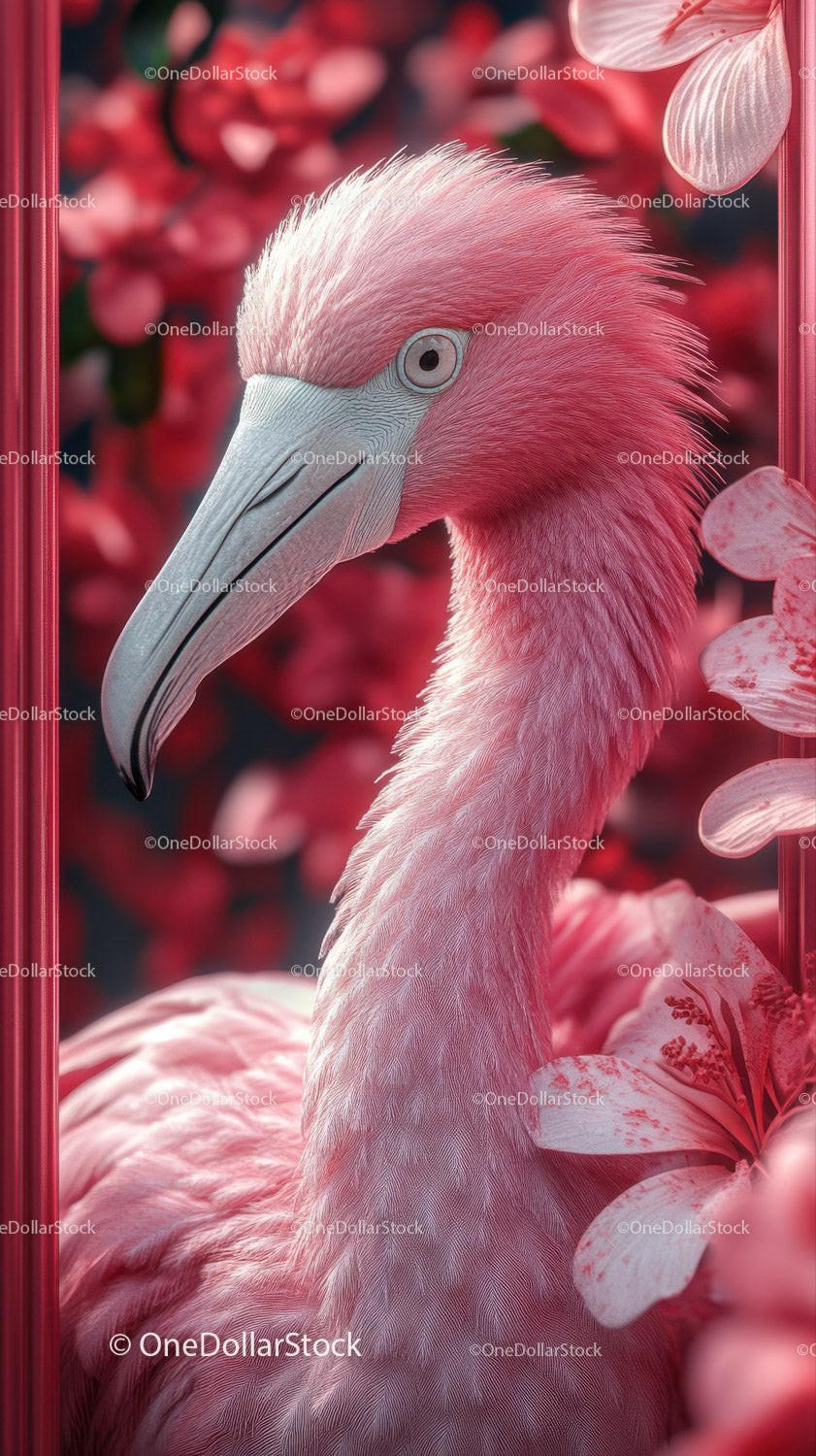 Close-up of a pink flamingo with detailed feathers and floral background