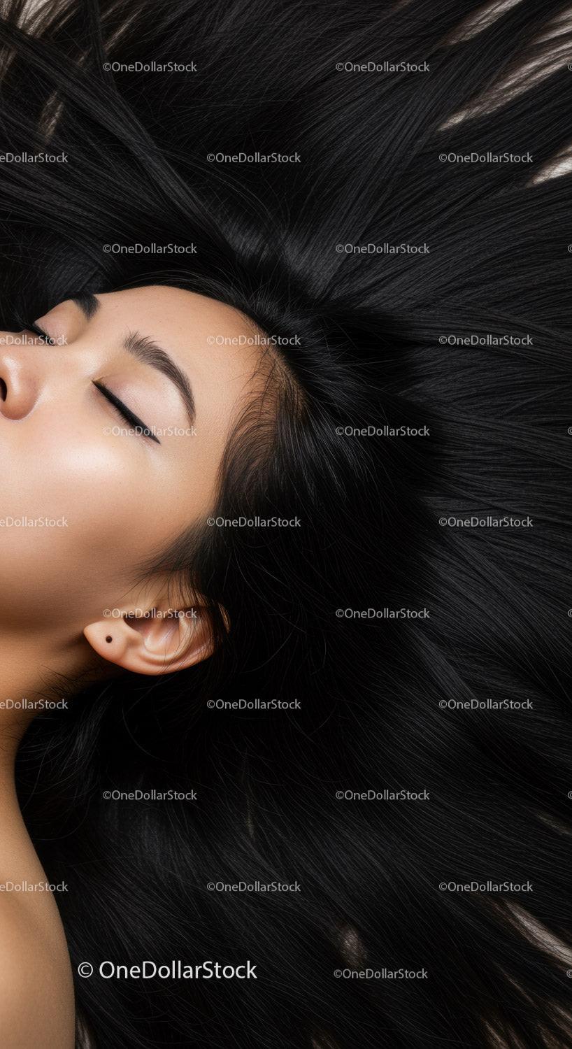 Relaxed woman with long flowing black hair
