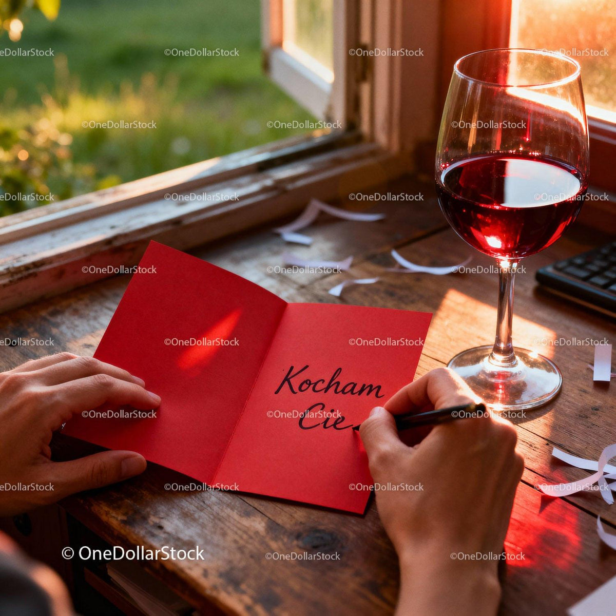 Writing a romantic note with red wine at sunset