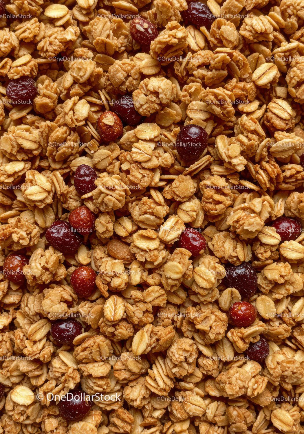 Close up of crunchy oat granola mix with dried berries