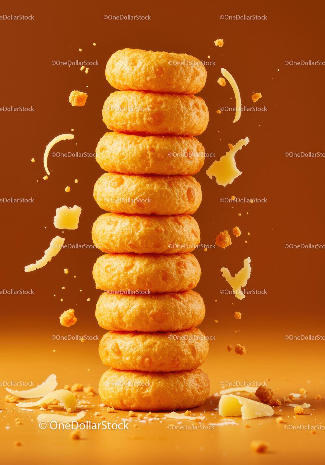 Stack of cheesy snacks with flying crumbs and shreds