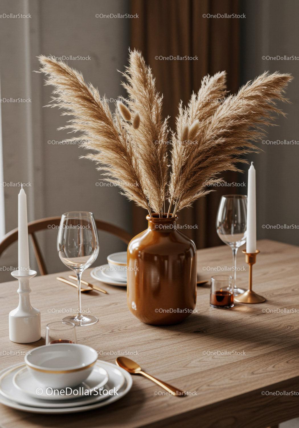 Elegant Dining Table Decor with Pampas Grass and Gold Accents