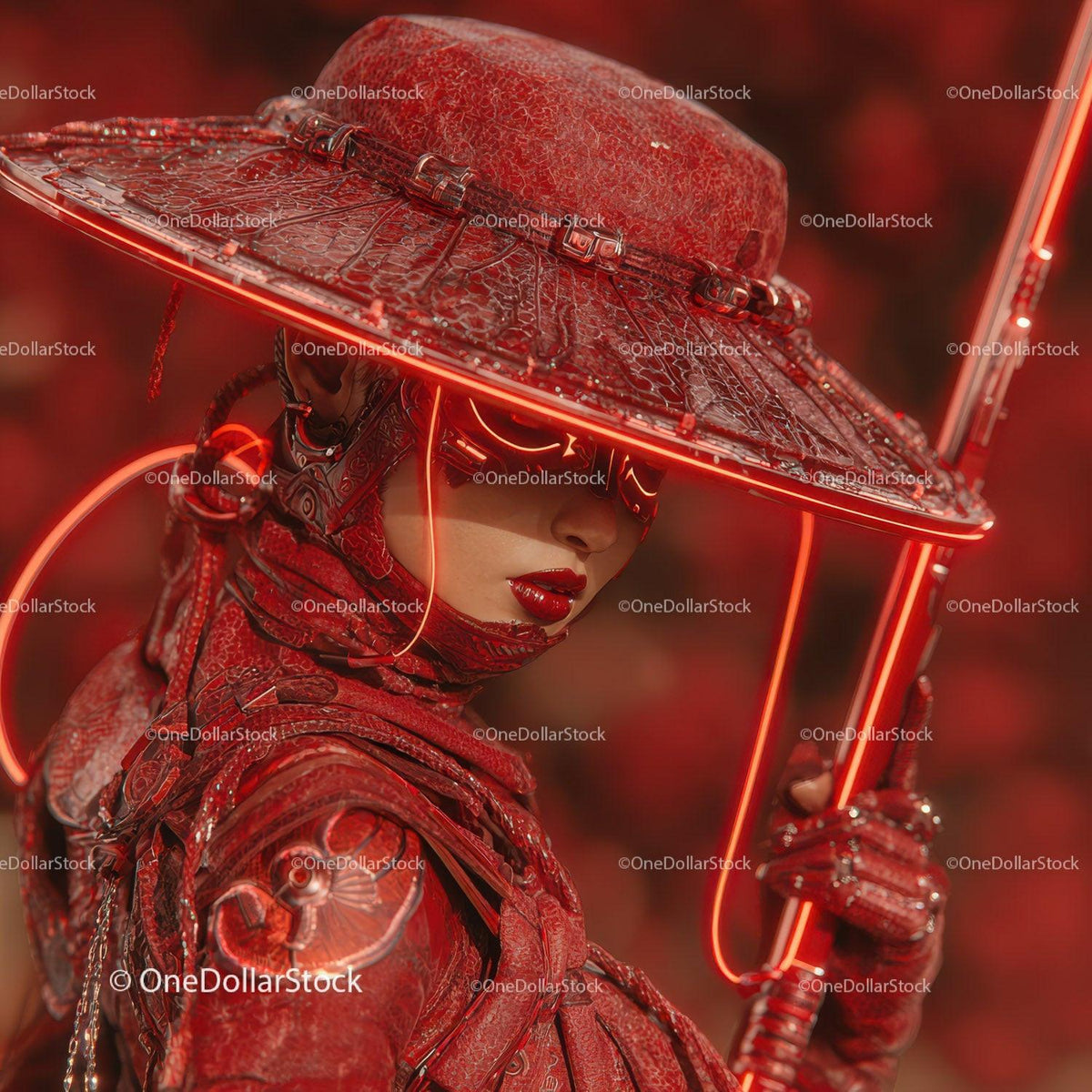 Futuristic Samurai in Neon Red Armor Holding Umbrella Stock Photo Bundle preview 29