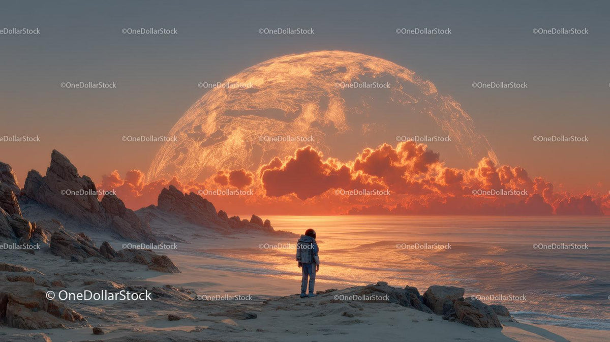 Astronaut Exploring a Surreal Alien Landscape with a Giant Orange Planet Stock Photo Bundle preview 5