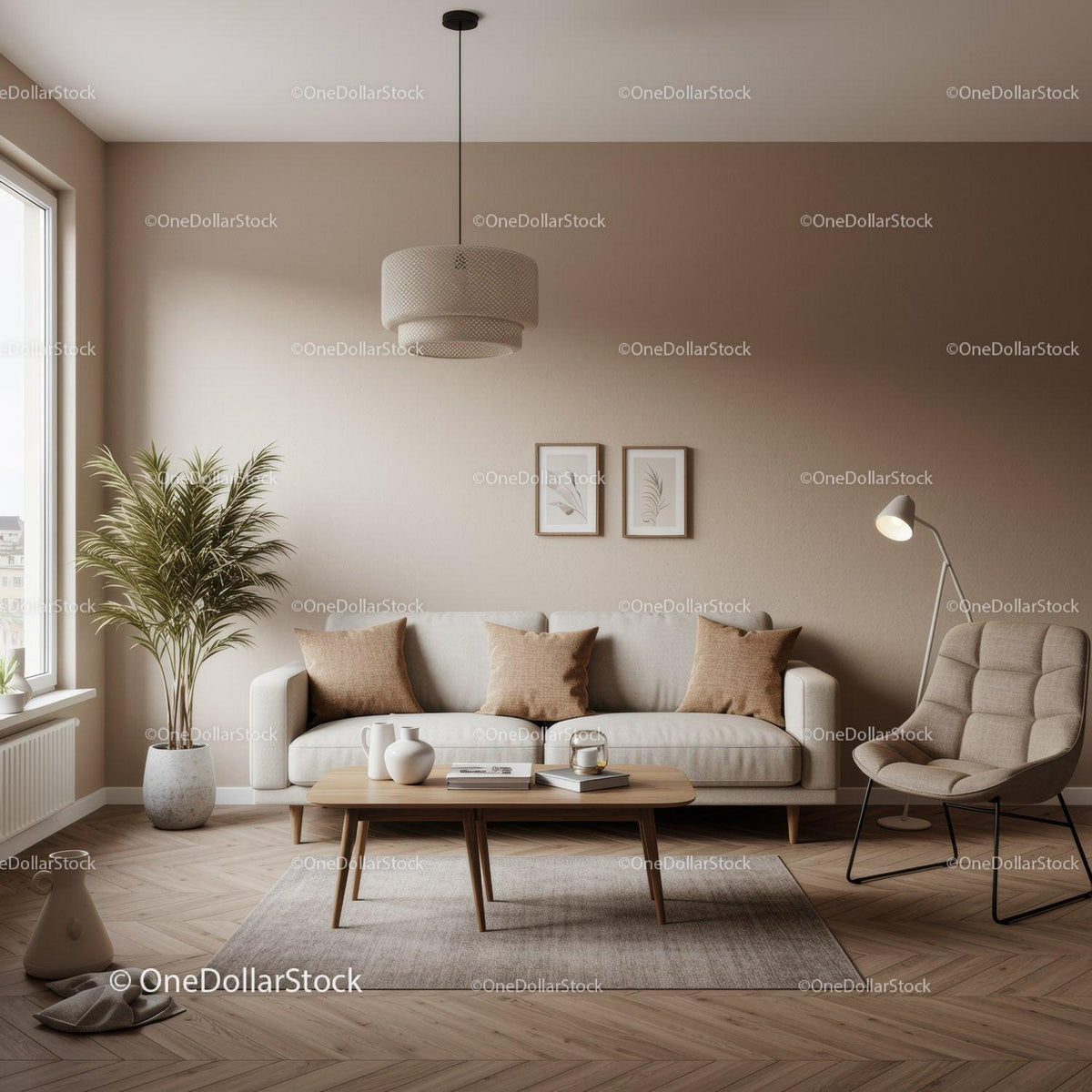 Minimalist Living Room with Beige Walls and Cozy Furniture
