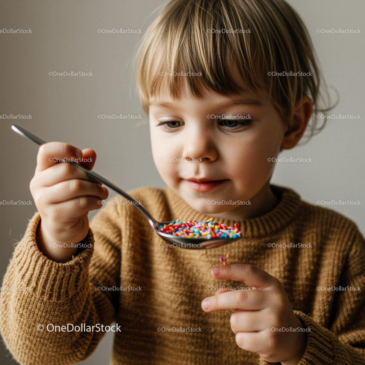 Curious child exploring colorful sprinkles indoors