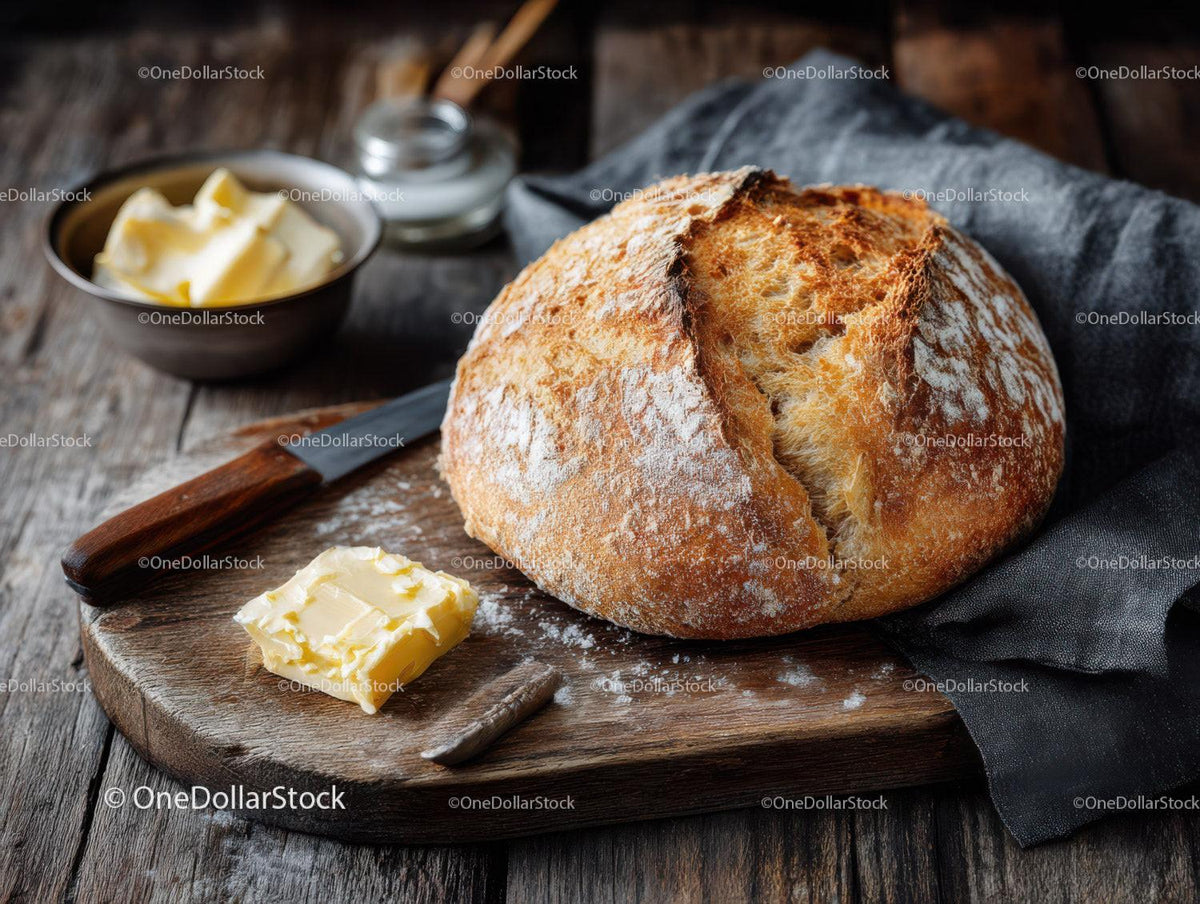 Fresh Artisan Bread with Butter on Rustic Wooden Cutting Board