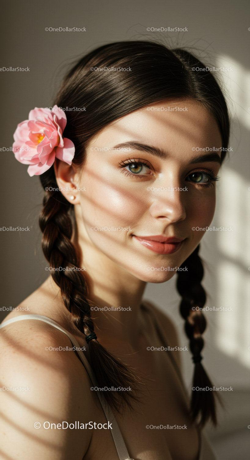 Beautiful Young Woman with Braided Hair and Pink Flower in Headshot