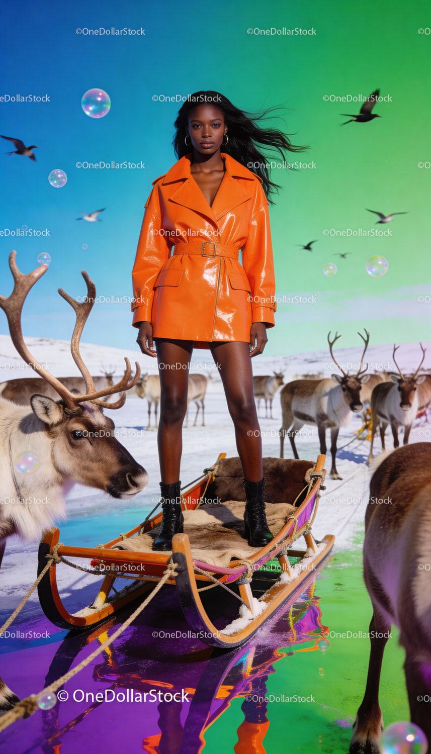 Confident woman in orange coat on colorful winter sled