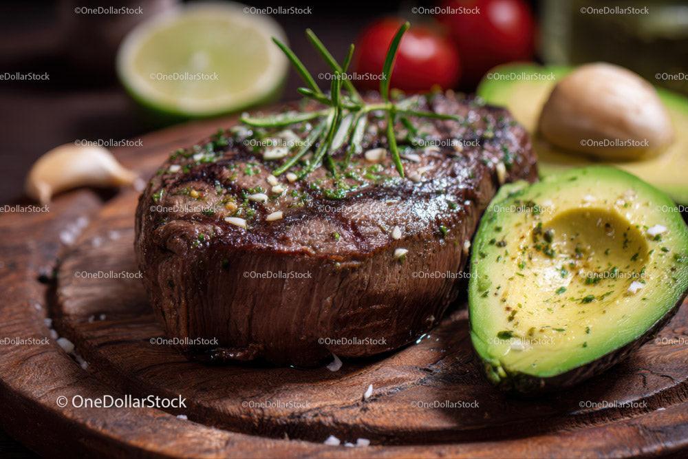 Juicy Grilled Steak with Fresh Avocado and Garlic on Rustic Board Stock Photo Bundle preview 39