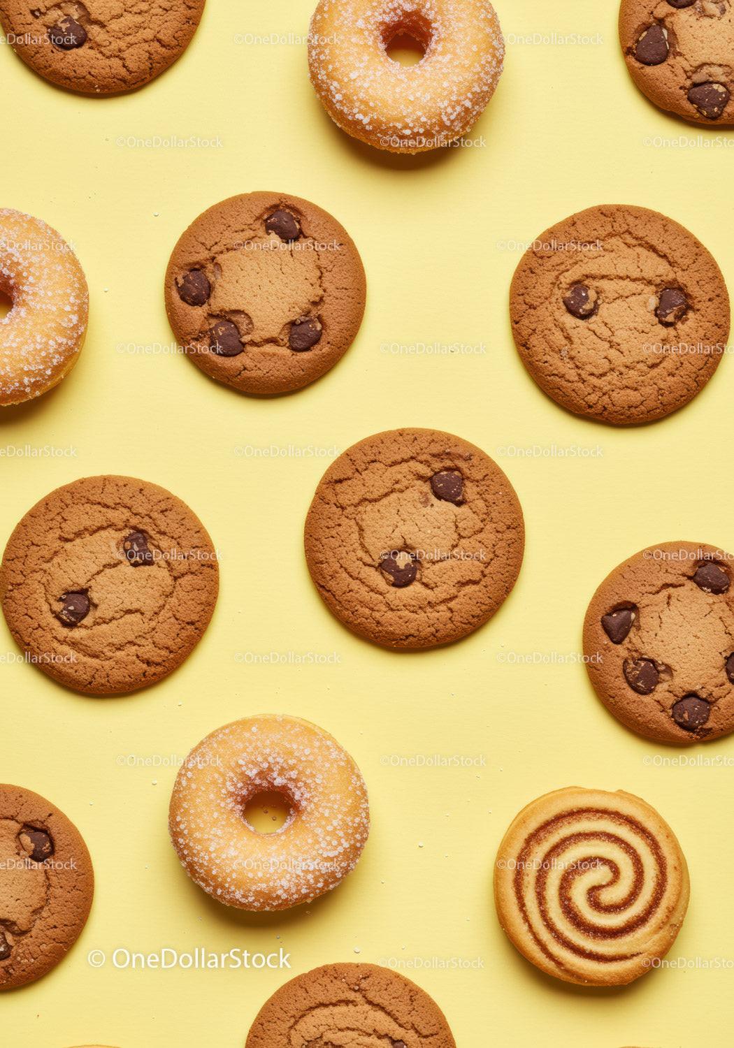 Assorted cookies and donuts on yellow background