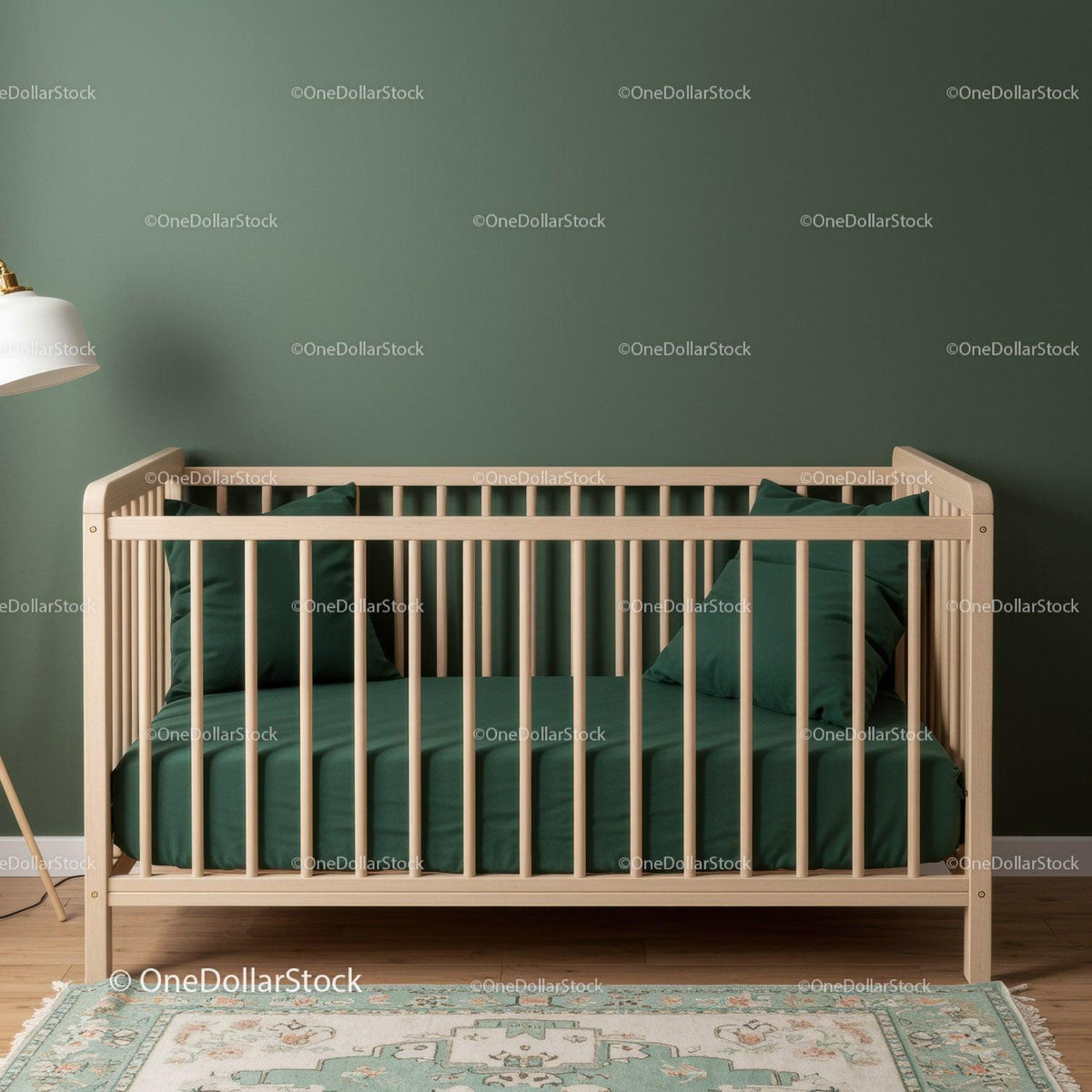 Modern Wooden Baby Crib with Green Bedding in Nursery
