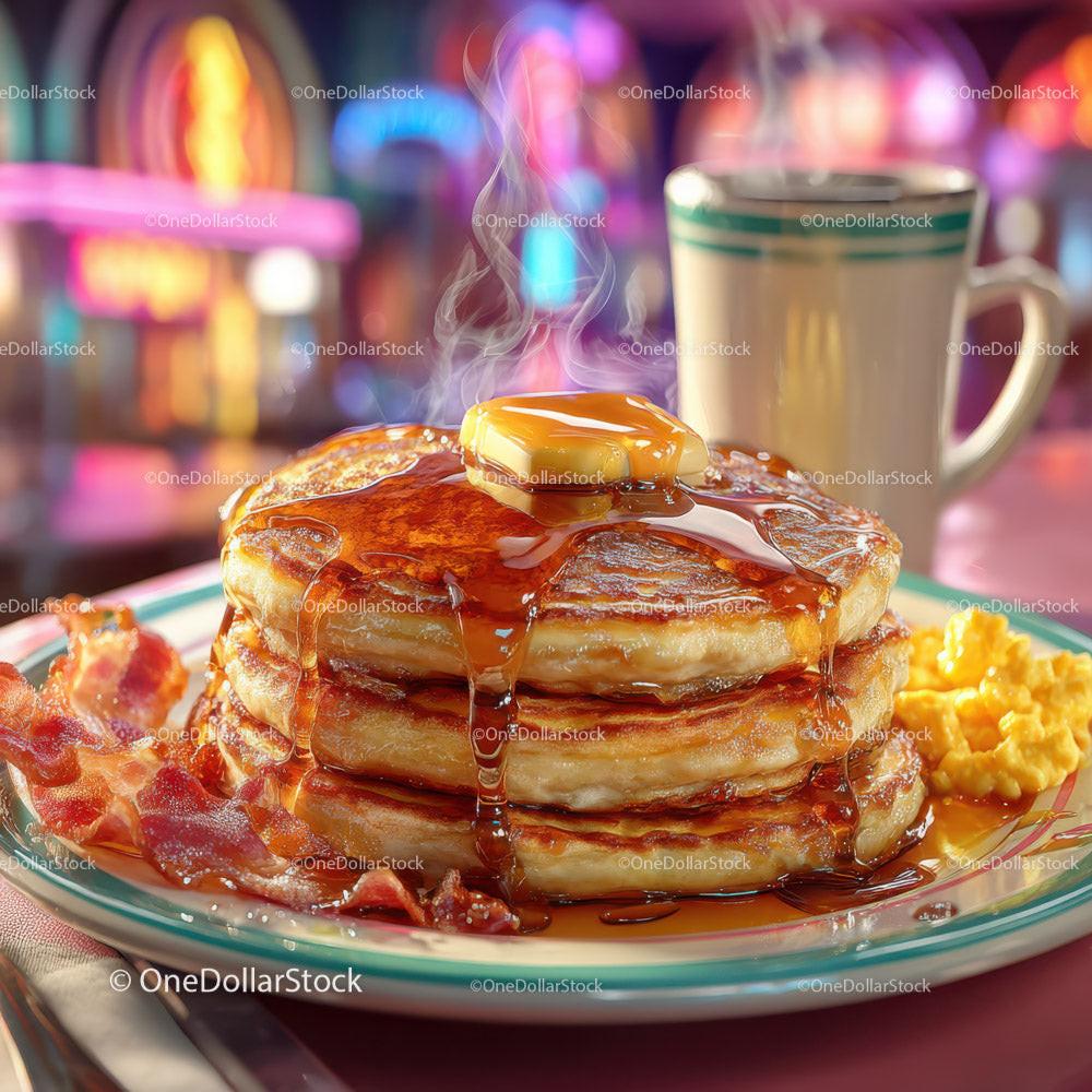 Stack of Fluffy Pancakes with Maple Syrup and Bacon in Bright Setting